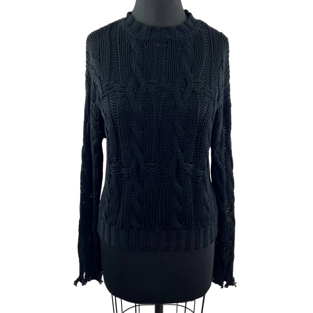 SABLYN Black Crewneck Long Sleeve Cable Knit 100% Cashmere Pullover Sweater Sz M
